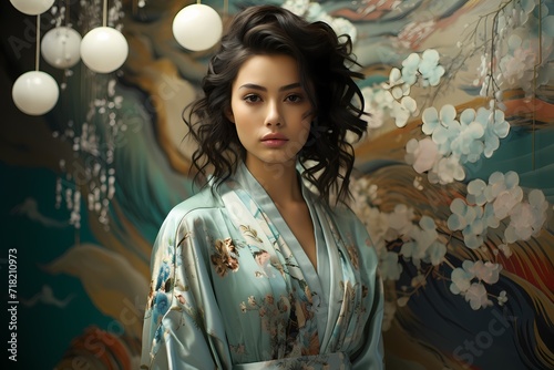 Japanese model in an otherworldly kimono, adorned with holographic patterns, standing proudly against a mint green pastel wall