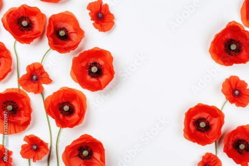  a group of red flowers sitting on top of a white table next to a white sheet of paper with a picture of a bunch of red poppies on it.