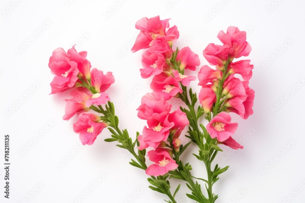  a group of pink flowers sitting on top of a white counter top next to a green leafy plant on top of a white counter top of a white surface.