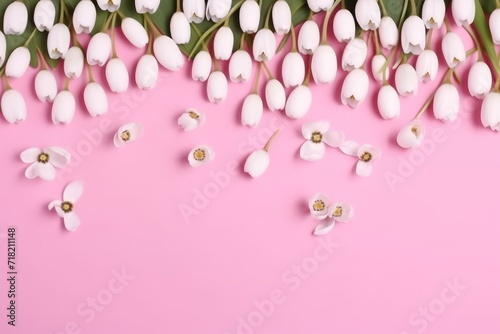  a bunch of white flowers with green leaves on a pink background with a place for a text top view of a bunch of white flowers with green leaves on a pink background.