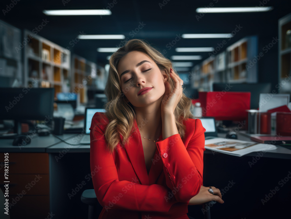 Woman in red suit looking stressed in office, load of office work Woman in red suit looking stressed in office, load of office work