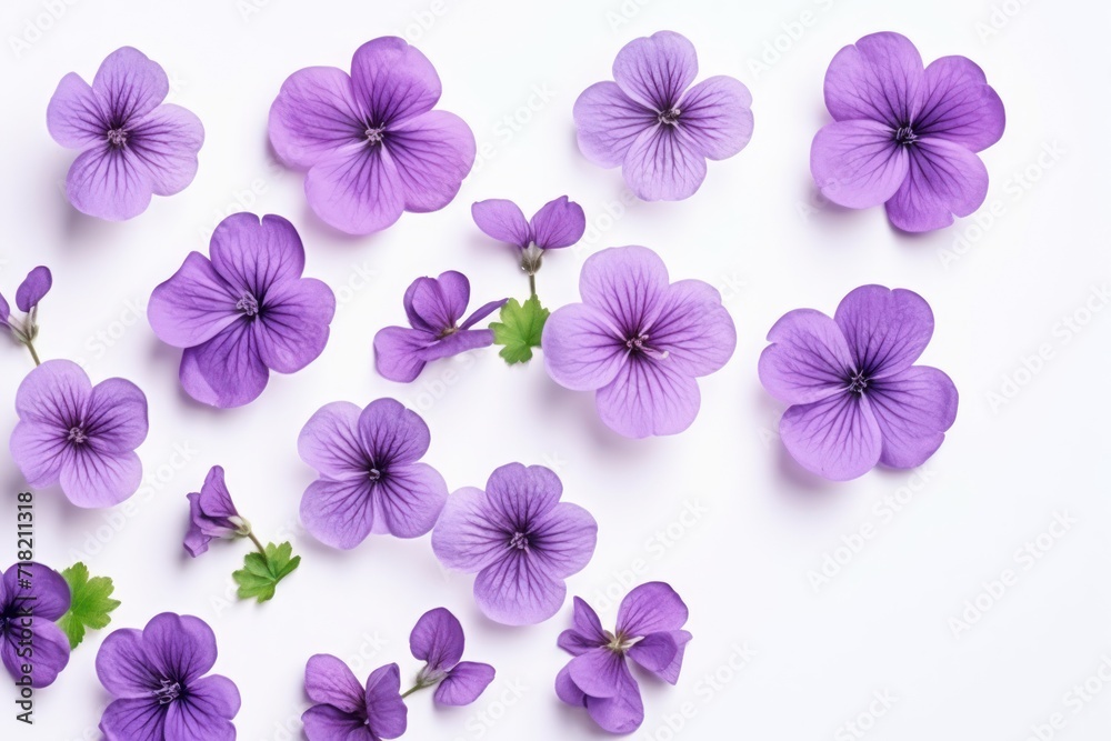  a group of purple flowers with green leaves on a white background with space for text top view of a bunch of purple flowers with green leaves on a white background.
