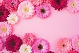  a bunch of pink and white flowers on a pink background with a place for a text or an image to put on a card or brochure or postcard.