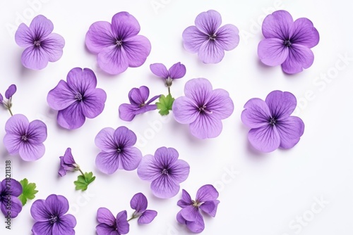  a group of purple flowers with green leaves on a white background with space for text top view of a bunch of purple flowers with green leaves on a white background.