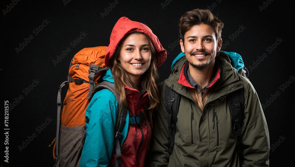 couple backpacker isolated on black background