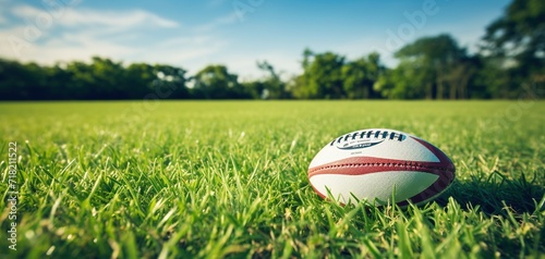 a rugby ball on a rugby field in the middle of the lawn, the image is made with the help of generative ai technology.
