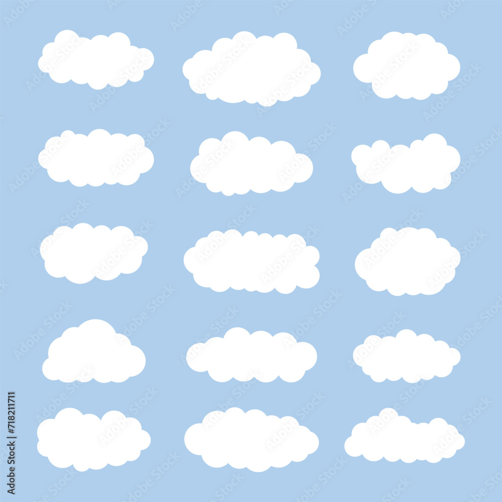 White clouds set on a blue background. Weather forecast symbols set