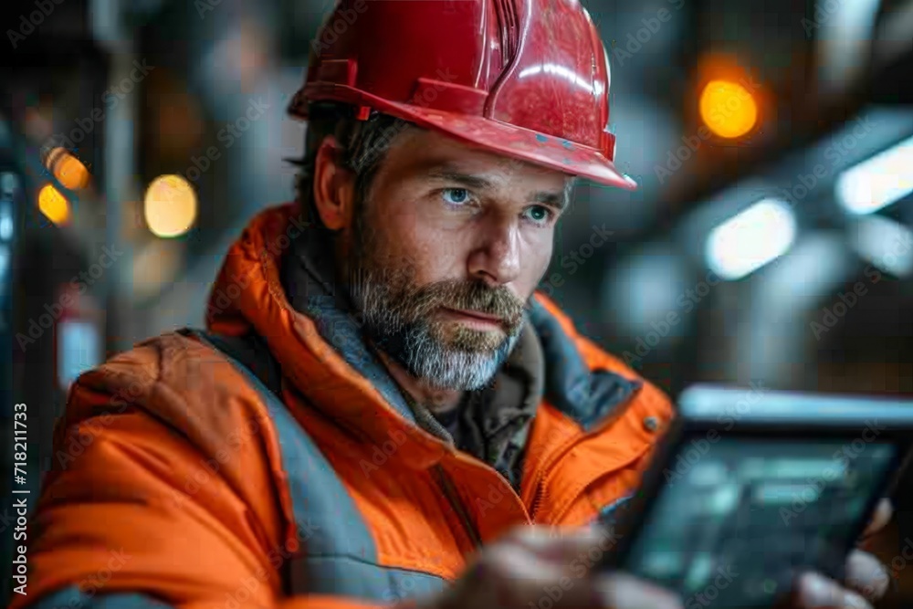 A rugged blue-collar worker donning a hard hat and orange jacket stands confidently on the bustling street, his human face adorned with a bushy beard, embodying the resilience and determination of an A rugged blue-collar worker donning a hard hat and orange jacket stands confidently on the bustling street, his human face adorned with a bushy beard, embodying the resilience and determination of an