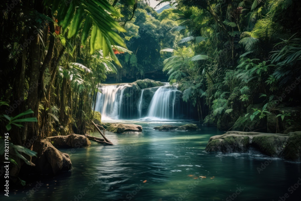  a waterfall in the middle of a lush green forest filled with lots of trees and rocks, with a stream running through the middle of the forest, surrounded by lush vegetation.