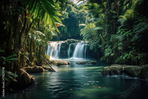  a waterfall in the middle of a lush green forest filled with lots of trees and rocks  with a stream running through the middle of the forest  surrounded by lush vegetation.