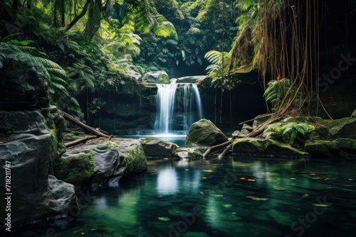  a small waterfall in the middle of a lush green forest filled with lots of trees and rocks on either side of a pool of water surrounded by rocks and greenery.