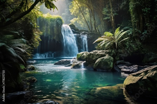  a waterfall in the middle of a forest filled with lots of green plants and a body of water surrounded by large rocks and greenery trees in the foreground.