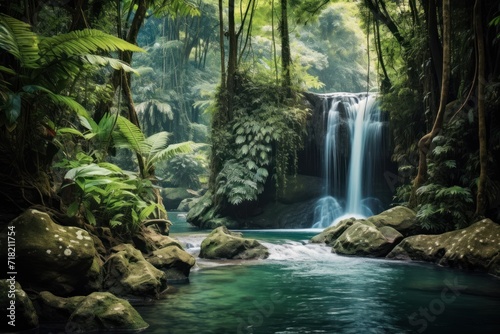  a painting of a waterfall in the middle of a forest filled with lots of green plants and a stream running through the middle of the forest with lots of rocks.