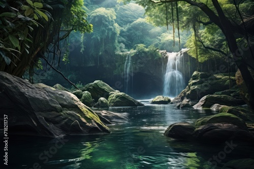  a painting of a waterfall in the middle of a forest filled with lots of green plants and rocks, with a stream running through the middle of the forest with a waterfall in the foreground.