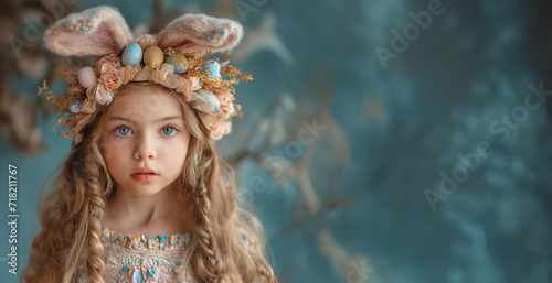 Girl in rustic style with bunny ears has easter eggs on illusory background or wallpaper with space for text. Happy Easter. Holiday celebration and preparation. photo