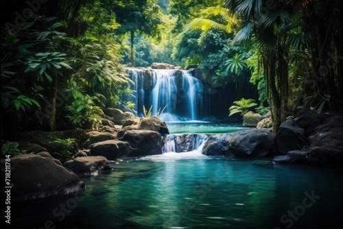  a waterfall in the middle of a forest filled with lots of green plants and a body of water surrounded by rocks and greenery on either side of the stream.