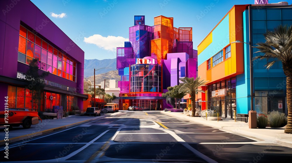 Vibrant City Street Scene with Colorful Signage and Architecture, Perfect for Urban Exploration