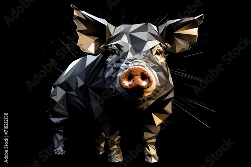  a black and white picture of a pig's head with a brown nose and a black background is featured in this low - poly polygonal image of a pig's head.