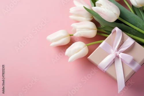 Beautiful pink box with a gift and white tulips on pink background flat lay. International Women's Day March 8, Mother's Day, Happy Birthday, Valentine's Day. Delicate festive background © FoxTok