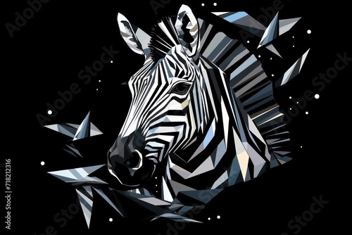  a black and white picture of a zebra s head with a pattern of triangles on it s face and in the background is a dark sky with stars.