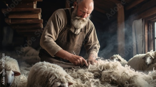 A man shears a sheep or a ram. Seasonal sheep shearing. Electric clipper. Farm. photo