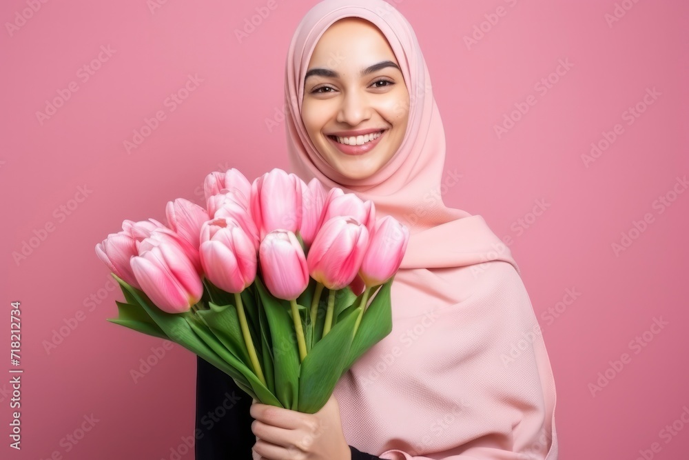 Cute beautiful young smiling Muslim girl in pink hijab with bouquet of tulips on pink background. Concept of spring, female beauty, March 8 holiday, international women's day, mother's day