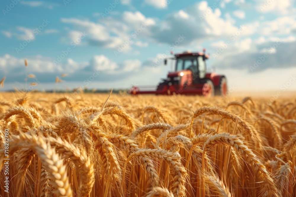 Obraz premium Front view of modern automated combine harvesting wheat ears on a bright summer day. Grain harvester in a vast golden wheat field. Blue cloudy sky with bright sun in the background.