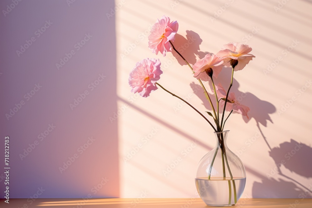  a vase filled with pink flowers sitting on top of a wooden table next to a shadow of a wall and a shadow of a window on the side of a wall.