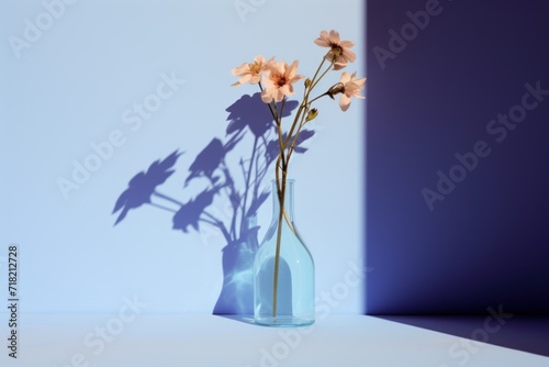  a vase with some flowers in it and a shadow of the vase on the side of the wall behind the vase is a shadow of a blue wall and a blue wall.