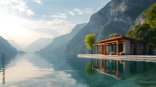 lake in the mountains, lakeside retreat surrounded by towering mountains and reflected in crystal-clear waters, offering a peaceful escape © @ArtUmbre