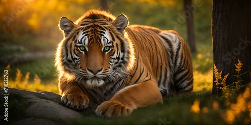 Emerald fire in the Siberian dusk  A tiger s piercing gaze ignites awe in this capture. Golden sunlight paints its regal form  commanding respect and admiration.