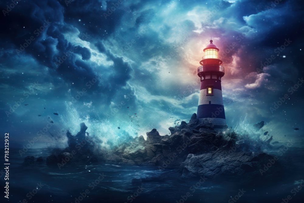  a lighthouse sitting on top of a small island in the middle of a body of water with a sky full of clouds and a star filled with stars in the background.