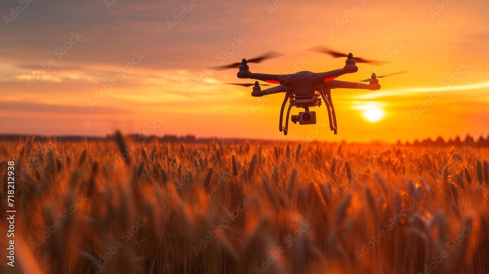 Close-up of agricultural drone flying over vast wheat field. Bright setting sun above the horizon. Using quadcopters for crop monitoring and spraying. Smart farming and precision agriculture. Close-up of agricultural drone flying over vast wheat field. Bright setting sun above the horizon. Using quadcopters for crop monitoring and spraying. Smart farming and precision agriculture.