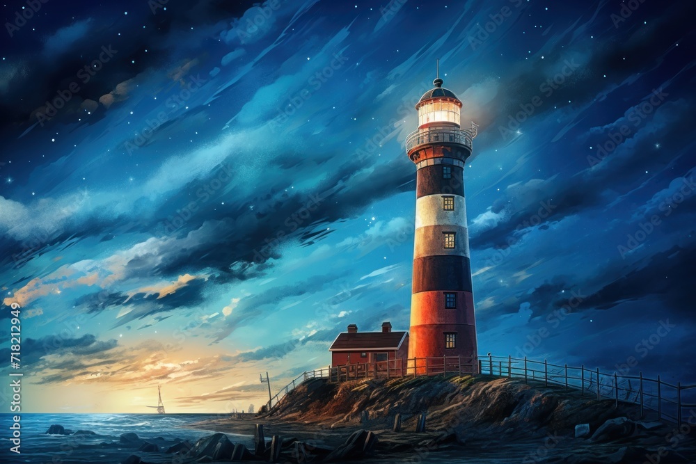  a painting of a lighthouse in the middle of a body of water with a sky full of clouds in the background and a lighthouse on top of a rocky outcrop.