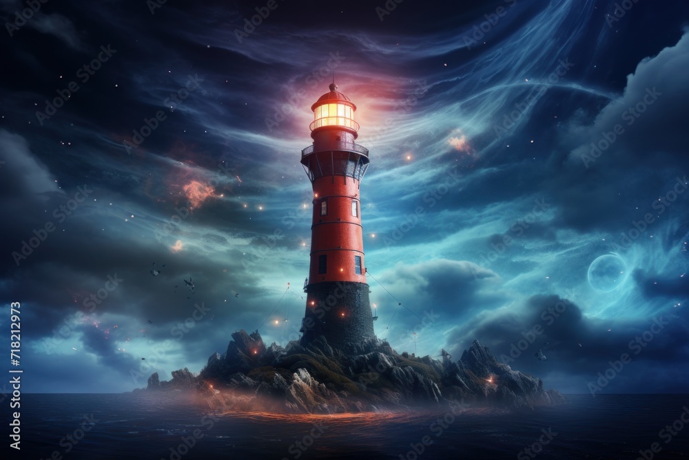  a painting of a lighthouse in the middle of a body of water with a sky full of clouds in the background and a full moon in the middle of the sky.
