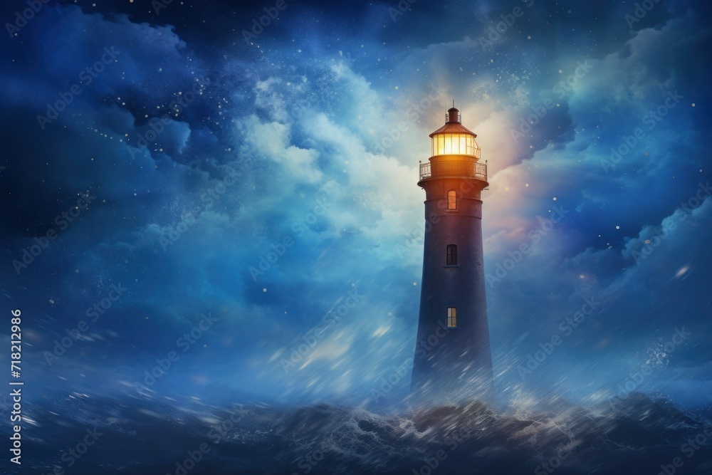  a painting of a lighthouse in the middle of a body of water with a sky full of clouds in the background and a bright light at the top of the lighthouse.