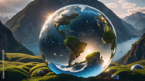 World globe cystal glass in nature.. Environmental conservation World environment day. AI generated image, ai