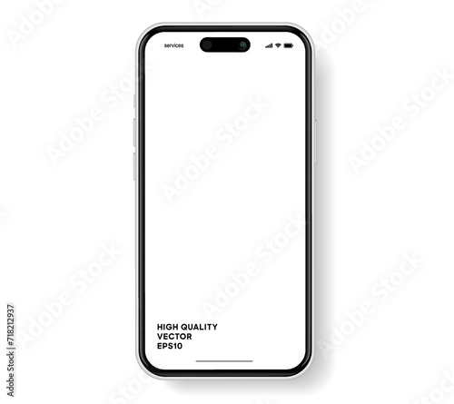 Realistic smartphone mockup. Mobile phone vector with isolated on white background. Device front view. 3D mobile phone with shadow. Realistic, high quality smart phone mockup for ui ux presentation.