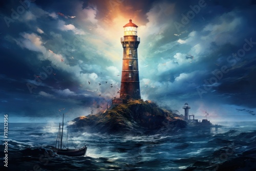  a painting of a lighthouse on a small island in the middle of a body of water with a boat in the foreground and a boat in the foreground.