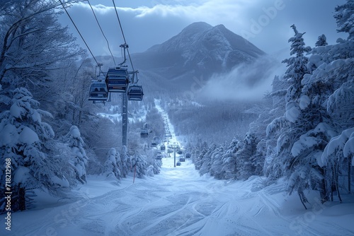 A ski lift glides down the snowy mountain, surrounded by towering trees and a freezing winter storm, transporting skiers to the top of the glacial landform for a thrilling day of skiing