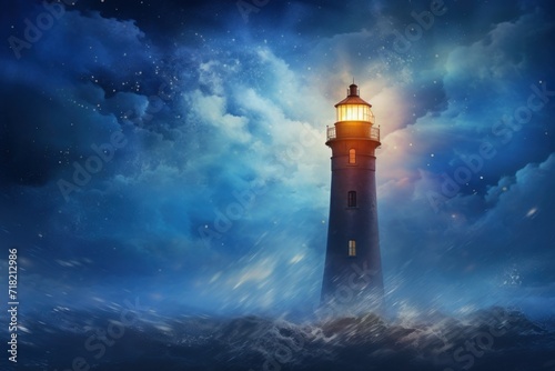  a painting of a lighthouse in the middle of a body of water with a sky full of clouds in the background and a bright light at the top of the lighthouse.