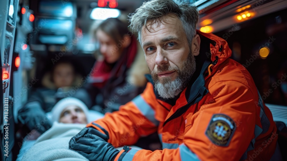 Compassionate Paramedics Providing Essential Medical Assistance to a Patient Inside an Ambulance during Emergency Transport