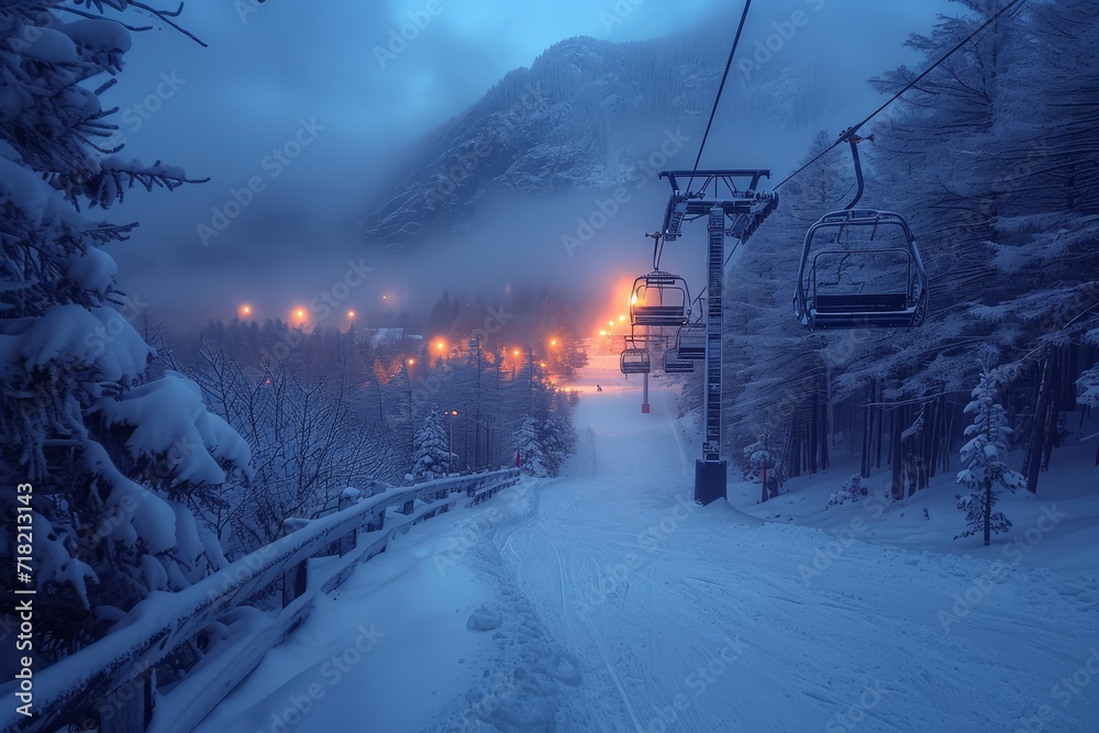 A majestic ski lift glides through the frosty air, surrounded by towering trees and a wintry sky as it descends down the icy slopes of a mountain during a blustery winter storm