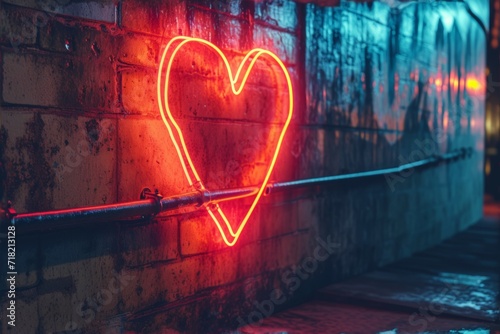 Neon heart with a glow on the background of a dark brick wall. Neon sign.