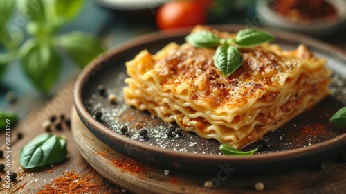 Rustic wooden table with a plate of Italian lasagna Bolognese garnished with fresh basil leaves. Bright summer restaurant terrace overlooking a beautiful Mediterranean seascape.