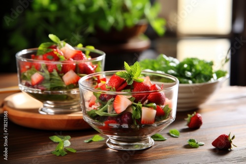  a close up of a bowl of food on a table with a bowl of salad in the background and another bowl of salad in the foreground with strawberries in the foreground.