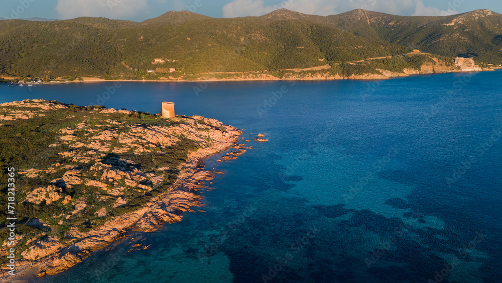 Maritime panorama of Sardinia. Budello Tower in Teaulada. Natural and emerald show at sunset.
