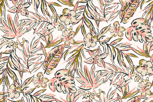 Modern exotic floral jungle pattern. Collage contemporary seamless pattern. Hand drawn cartoon style pattern. Boho foliage botanical tropical leaves