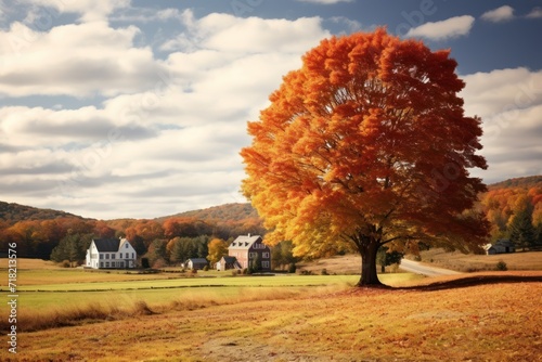  a large tree in the middle of a field with a house on the other side of the field and a few trees on the other side of the field with orange leaves.