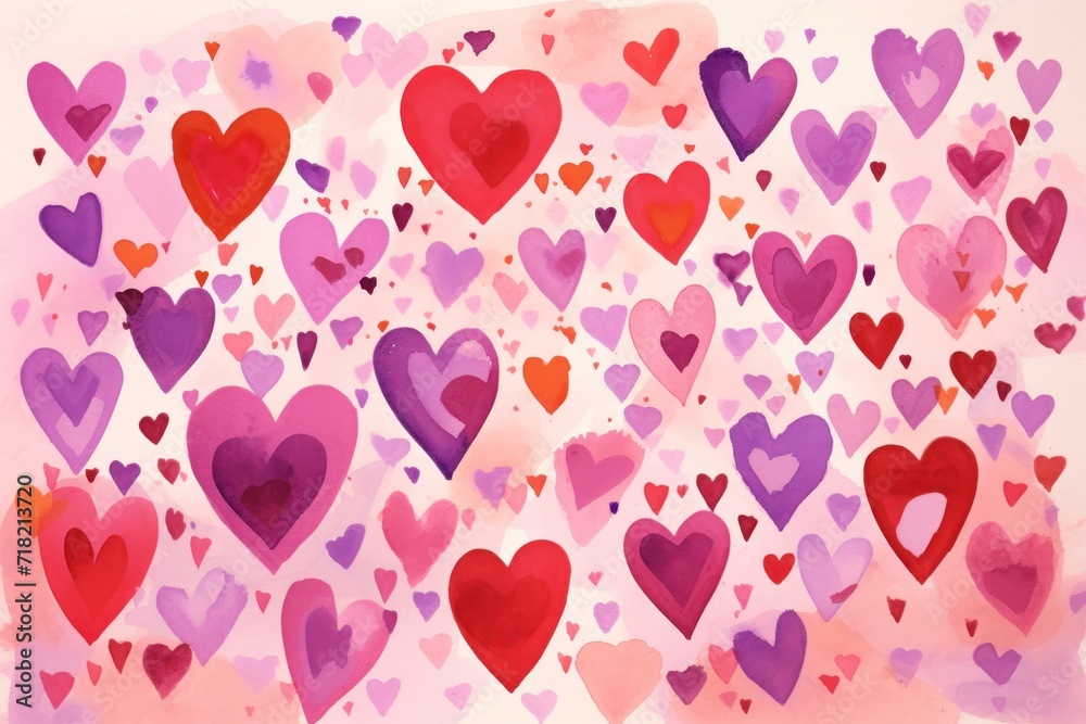 a painting of a bunch of hearts on a white background with red, pink, purple, and red hearts in the middle of the frame and bottom half of the picture.